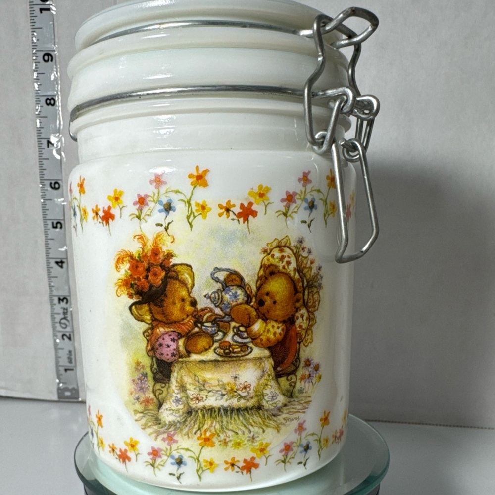 Hallmark Milk Glass Teddy Bear Tea Party harvest Canister signed Mary Vintage